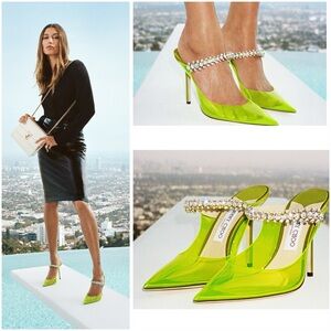 Jimmy Choo Bing 100 Neon Embellished Clear High Heel Mules 39.5 $1,095